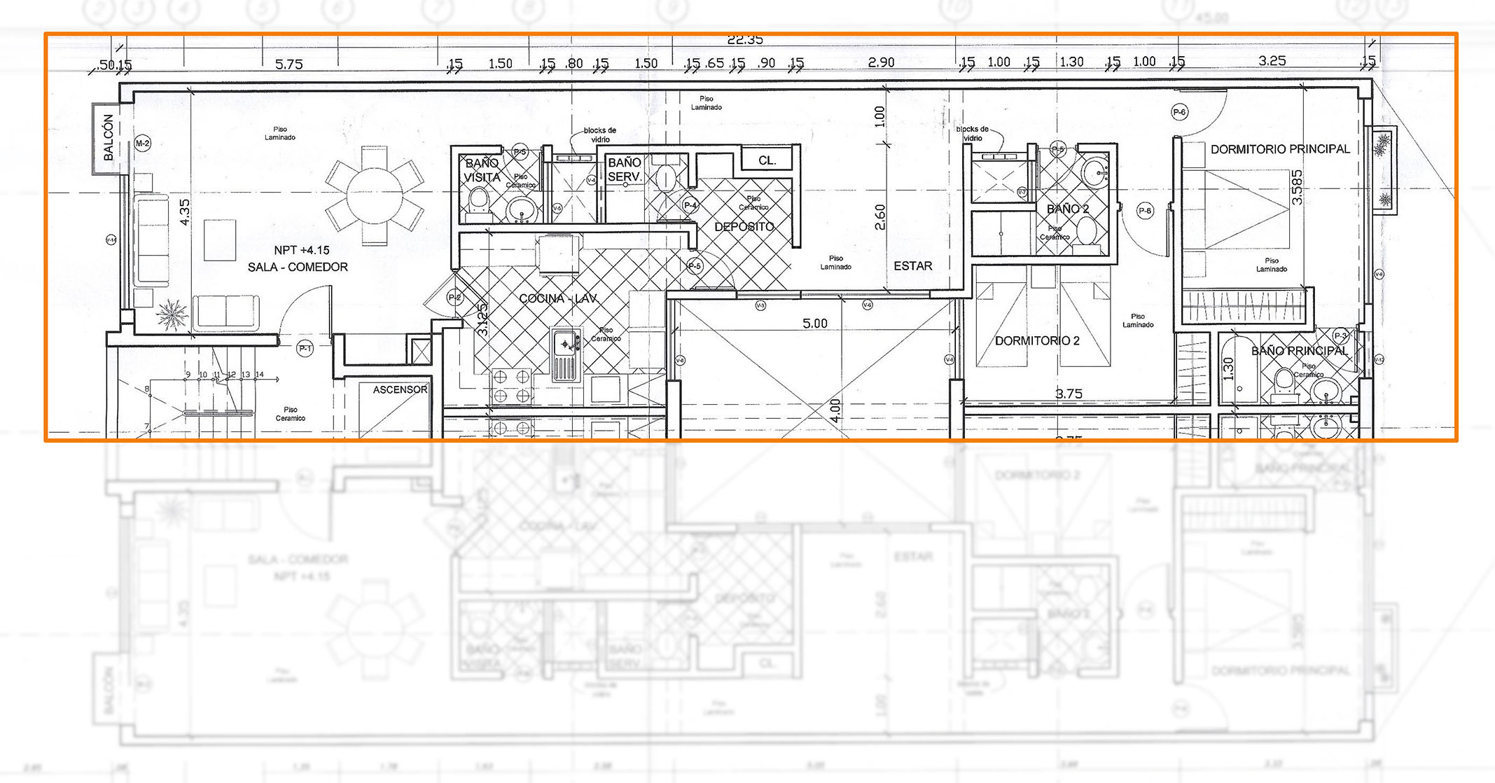 Plano arquitectónico del Departamento 301: distribución de sala-comedor, cocina-lavandería, dormitorios y baños.
